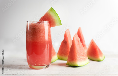 watermelon juice on wood white background