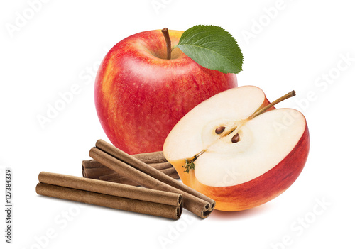 Fresh red apple half cinnamon sticks isolated