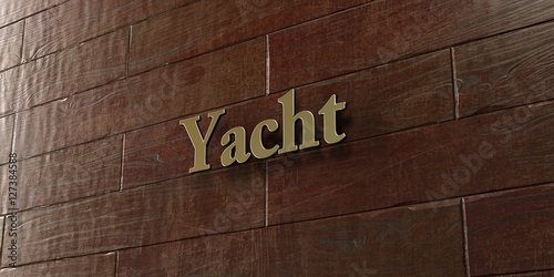 Yacht - Bronze plaque mounted on maple wood wall - 3D rendered royalty free stock picture. This image can be used for an online website banner ad or a print postcard.