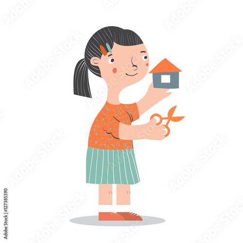 Cute girl with scissors making craft. Cartoon vector illustration.