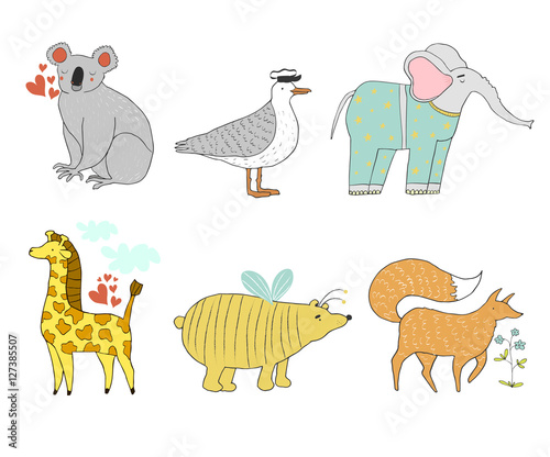 Fototapeta Naklejka Na Ścianę i Meble -  Cute cartoon animals collection. Koala, seagull, elephant, giraffe, bear, fox. Hand drawn vector illustration. Can be used for kid's or baby's shirt design, t-shirt and kids wear.