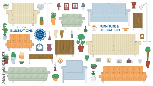 Vintage and retro living room furniture and decoration vector illustration set