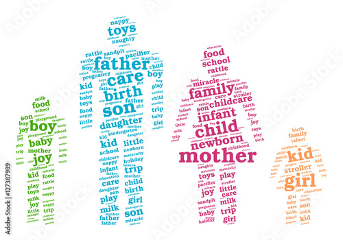 Children and parents. Word cloud, silhouettes of people, white background. Family concept.