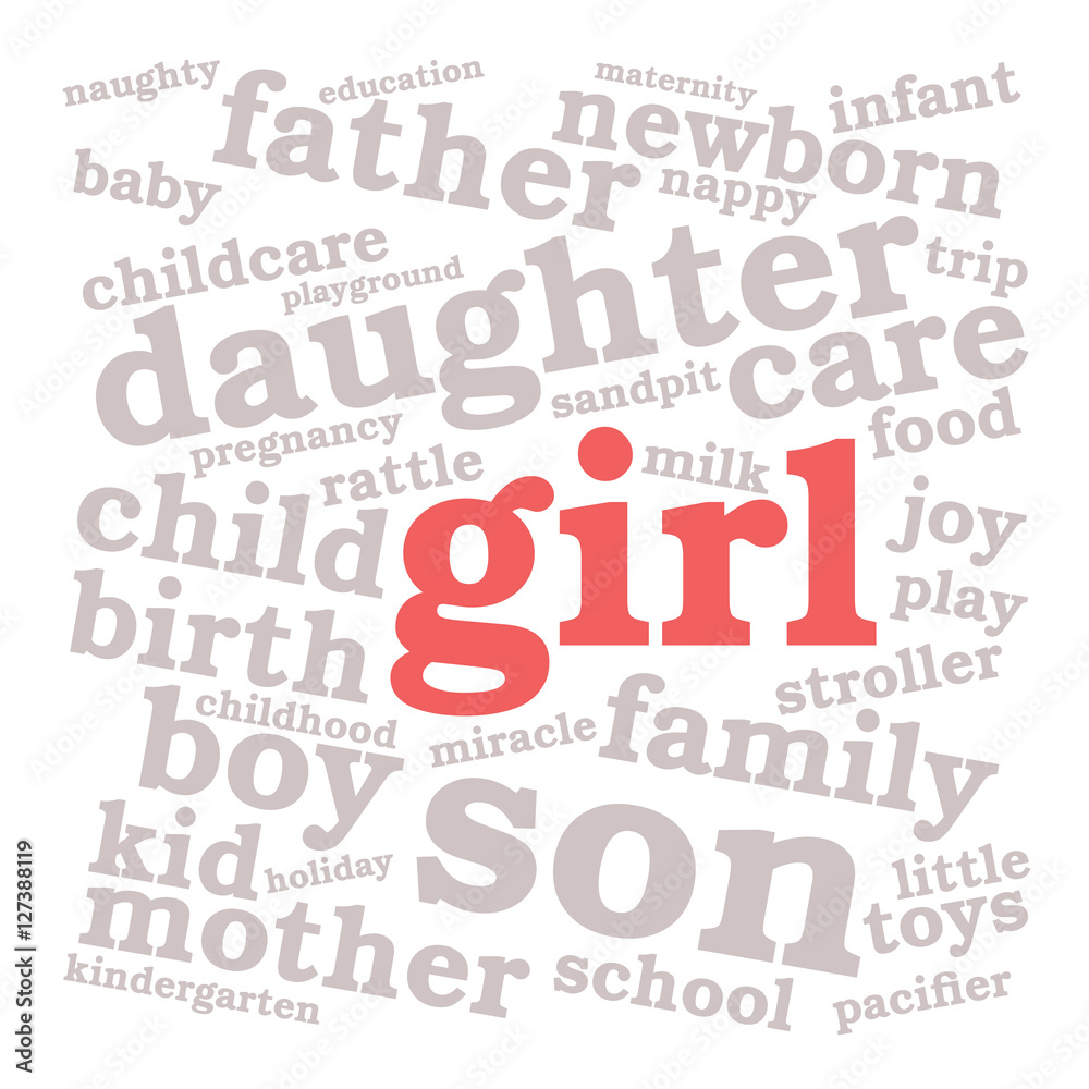 Obraz premium Girl. Word cloud, red font, white background. Family concept.