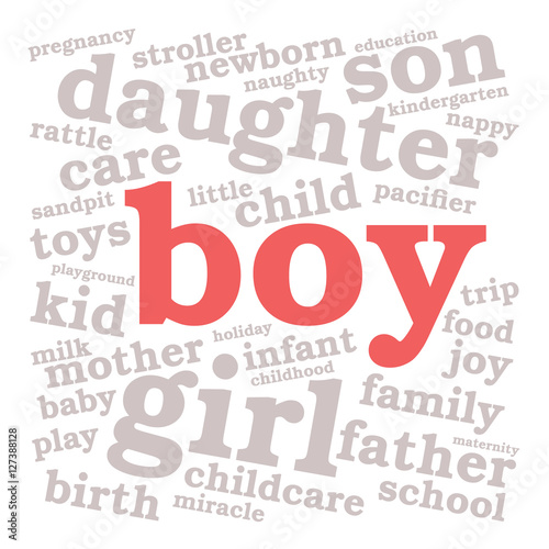 Boy. Word cloud, red font, white background. Family concept.