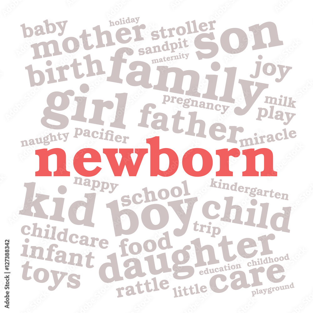 Obraz premium Newborn. Word cloud, red font, white background. Family concept.
