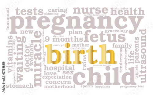 Birth. Word cloud, golden font, white background. The miracle of birth.