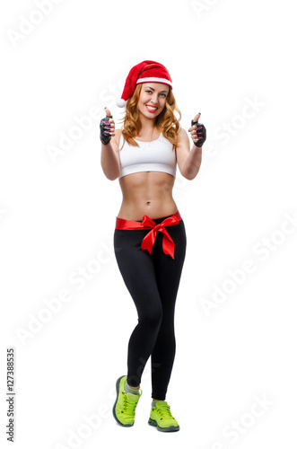 Santa hat Christmas woman tied with red bow showing likes with b