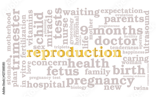 Reproduction. Word cloud, golden font, white background. The miracle of birth.