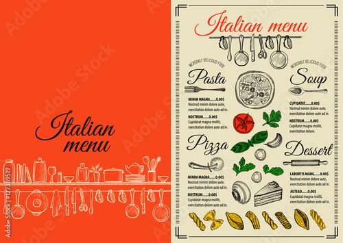 Menu italian restaurant, food template placemat.