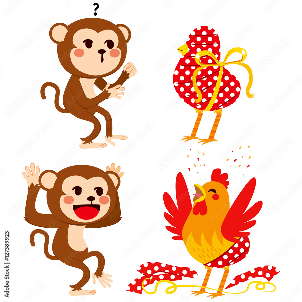 Fototapeta premium Cute monkey surprised with wrapped gift and celebrating new rooster year