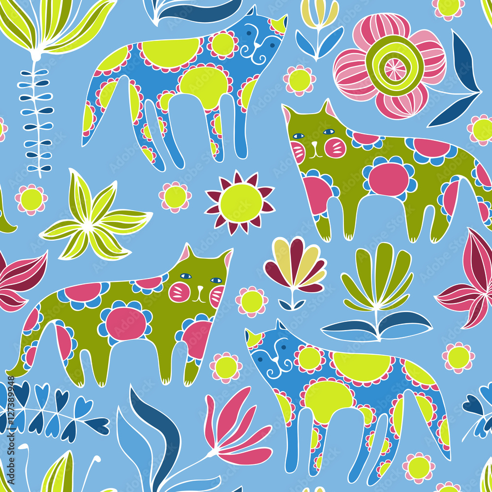 Cartoon cats, birds and flowers. Colorful Seamless Pattern.