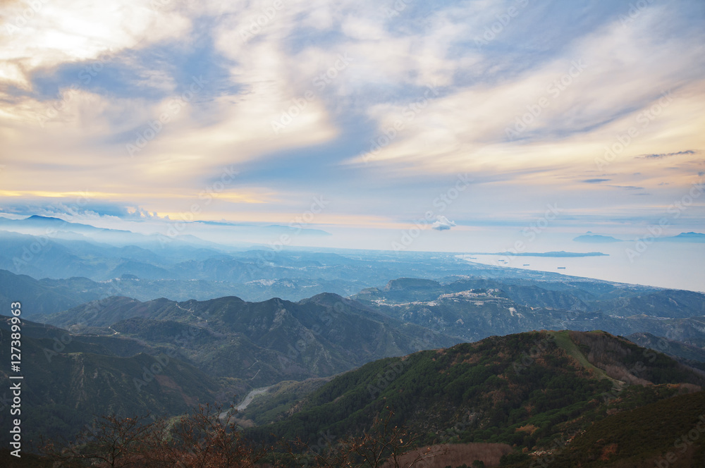 Fototapeta premium Majestic sunset in the mountains landscape. View of Capo Milazzo