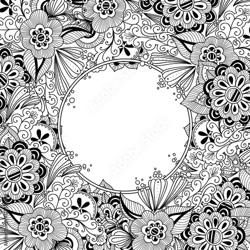Doodle flowers and leaves invitation card.
Template flowers frame design for card. Decorative hand drawn vector element border.