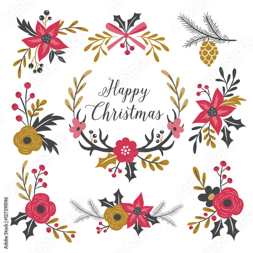 Set of cute isolated floral Christmas bouquets. Vector illustration. Easily editing for create your own flower arrangements.
