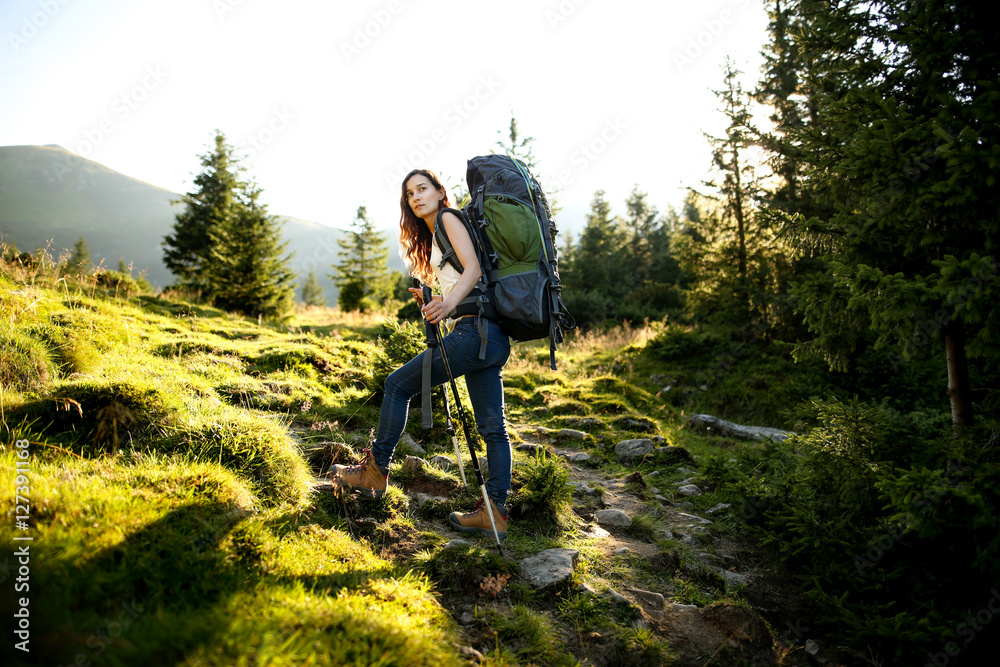 Woman hiking. Hike in the mountains. Woman traveler with backpack on beautiful landscape. Woman hiking. Hike in the mountains. Woman traveler with backpack on beautiful landscape.