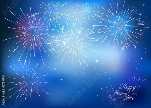 Happy New Year card with blue fireworks