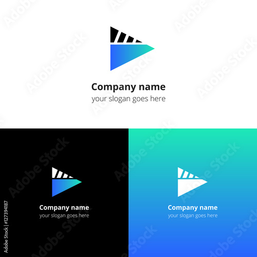Play music sound button and video movie film strips flat logo icon vector template. Abstract symbol and button with blue-green gradient for music, cinema, television, industrial service or company.