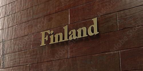 Finland - Bronze plaque mounted on maple wood wall - 3D rendered royalty free stock picture. This image can be used for an online website banner ad or a print postcard.