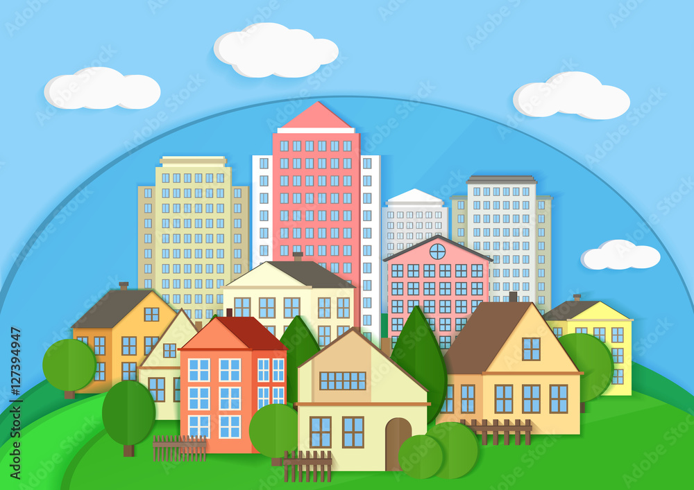 Modern city town cardboard landscape. Paper color style urban city vector illustration.