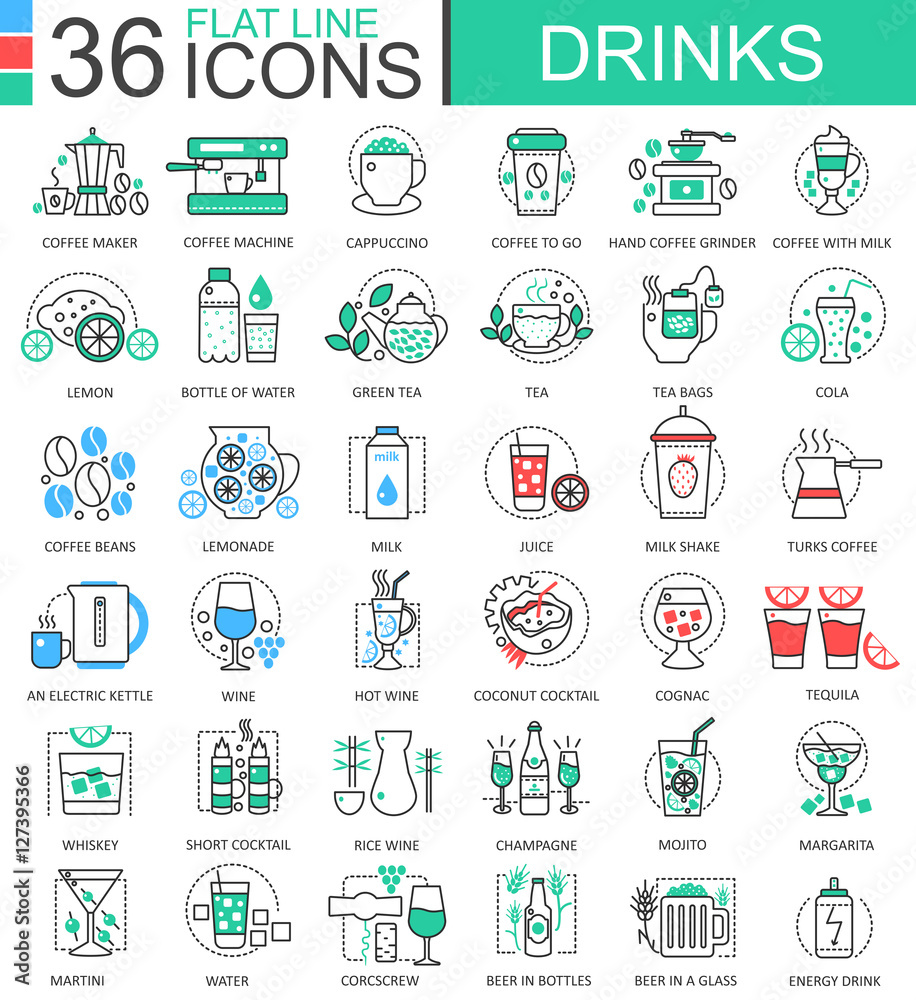 Vector drinks flat line outline icons for apps and web design. Drink icon.
