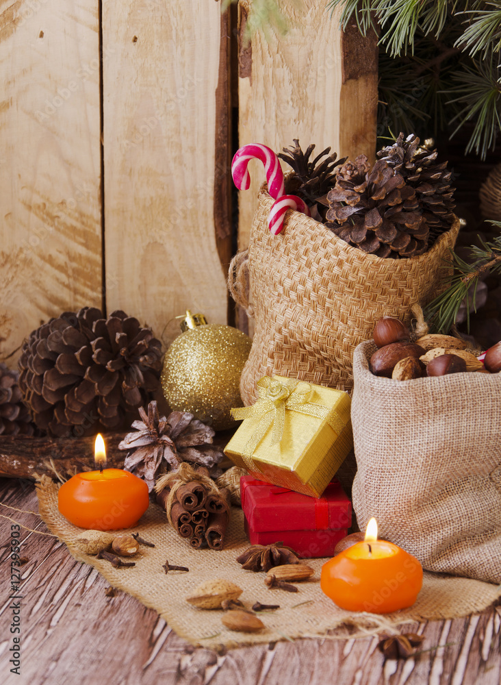New Year or Christmas composition with walnuts, mulled wine, hazelnuts New Year or Christmas composition with walnuts, mulled wine, hazelnuts