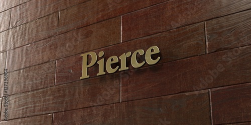 Pierce - Bronze plaque mounted on maple wood wall - 3D rendered royalty free stock picture. This image can be used for an online website banner ad or a print postcard.