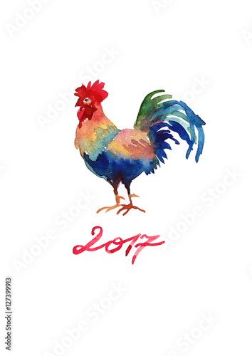 Chinese symbol of New 2017 - cock. Watercolor illustration © Watercolor_Art_Photo