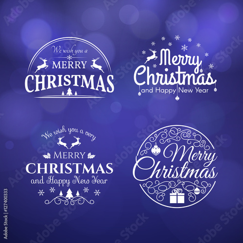 Vector set of badges and labels with title "Merry Christmas" and "Happy New Year". Christmas decoration elements with holiday symbols (tree, snowflakes, deer, gift).
