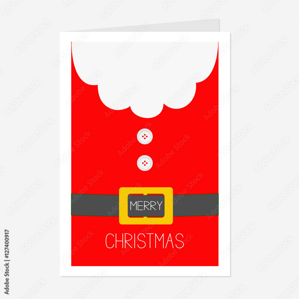 Santa Claus Coat, button and yellow belt. Big beard, fur. Merry Christmas greeting card. Red background. Flat design