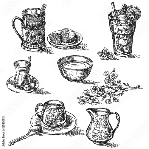 Sketch of various teas set