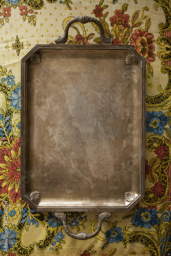 retro tray on oriental tablecloth