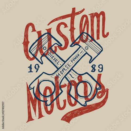custom motors. crossed pistons label. vintage biker print.
