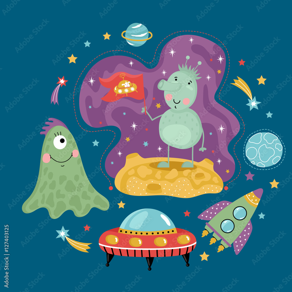 Space concept in cartoon style. Spaceship, flying saucer, cute aliens, colorful stars, planets, comets vector icons   isolated on blue background set. Astronomic funny illustration for childrens book