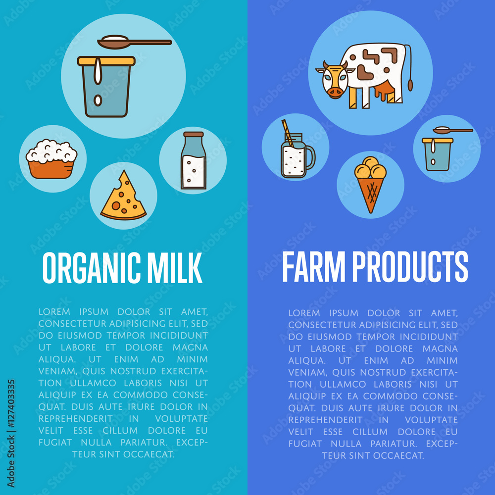 Flyer Daity Organic dairy products vertical flyers with dairy round icons in line ...