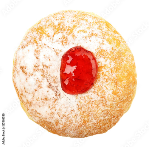 Tasty donut with jam on white background. Hanukkah celebration concept