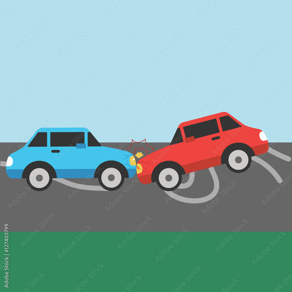 Car crash. Two cars hit head-on. Flat design. Car crash. Two cars hit head-on. Flat design.