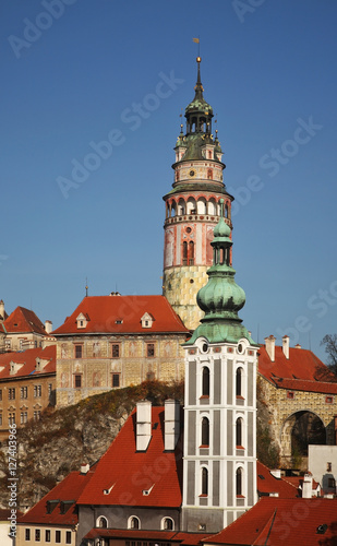 Church of St. Jost and tower in Cesky Krumlov. Czech republic