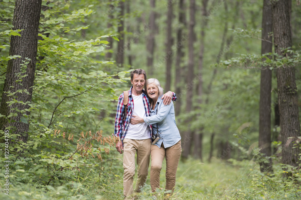 Happy senior couple walking in the woods Happy senior couple walking in the woods