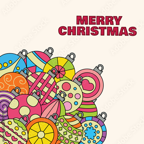 Merry Christmas background design with decoration balls elements. Greeting card doodle vector illustration with lettering. Retro colors.