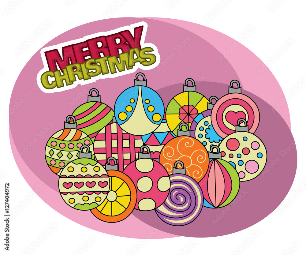 Merry Christmas background design with decoration balls elements. Greeting card doodle vector illustration with lettering. Retro colors.