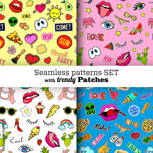 Seamless patterns set with fashion patch badges. Pop art. Stickers, pins, patches in cartoon 80s-90s comic style. Trendy. Vector clip-art.