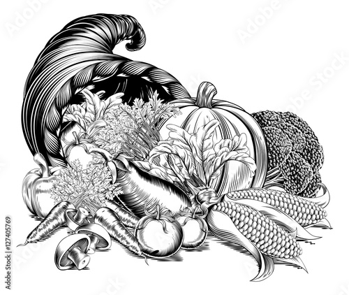 Horn of Plenty Cornucopia Woodcut