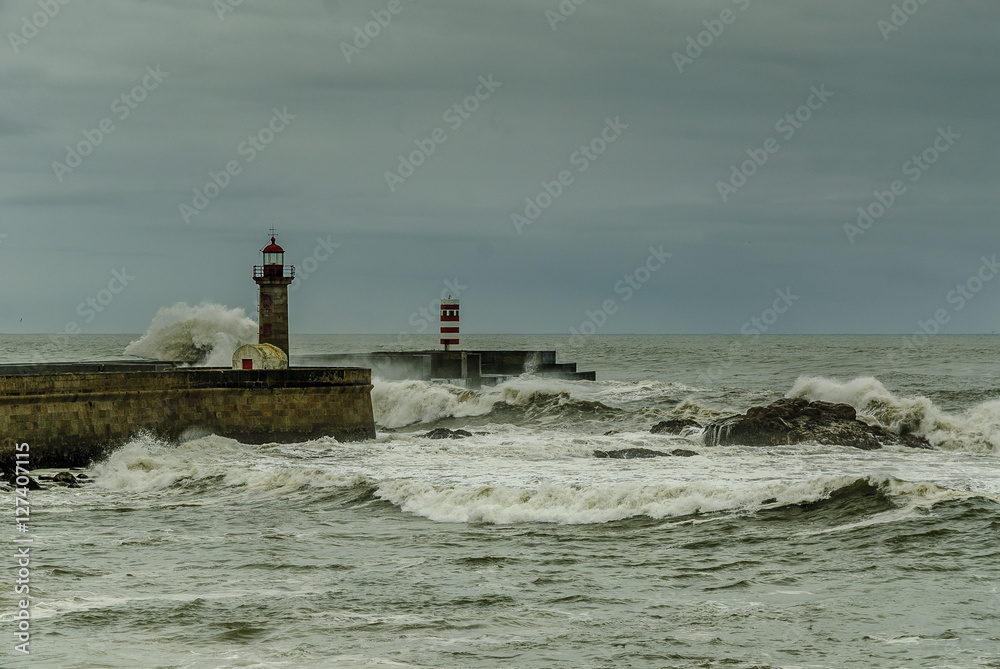 stormy dramatic marine scenery in the mouth of the river Douro in the city of Oporto in Portugal