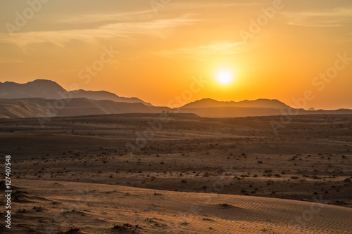 Sunset over the Wahiba Sands desert  Oman.