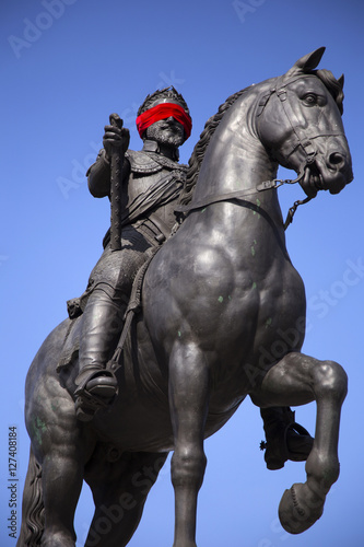 Bilndfolded statue of the French King Henry IV at the Pont Neuf Bridge