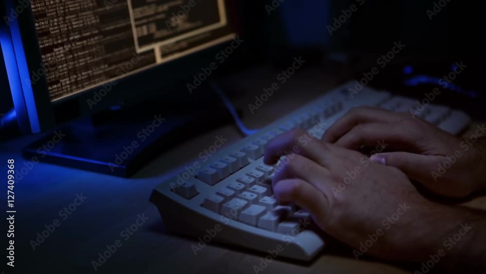 close up of a hacker in front of a computer display typing on a keyboard with tapping sound