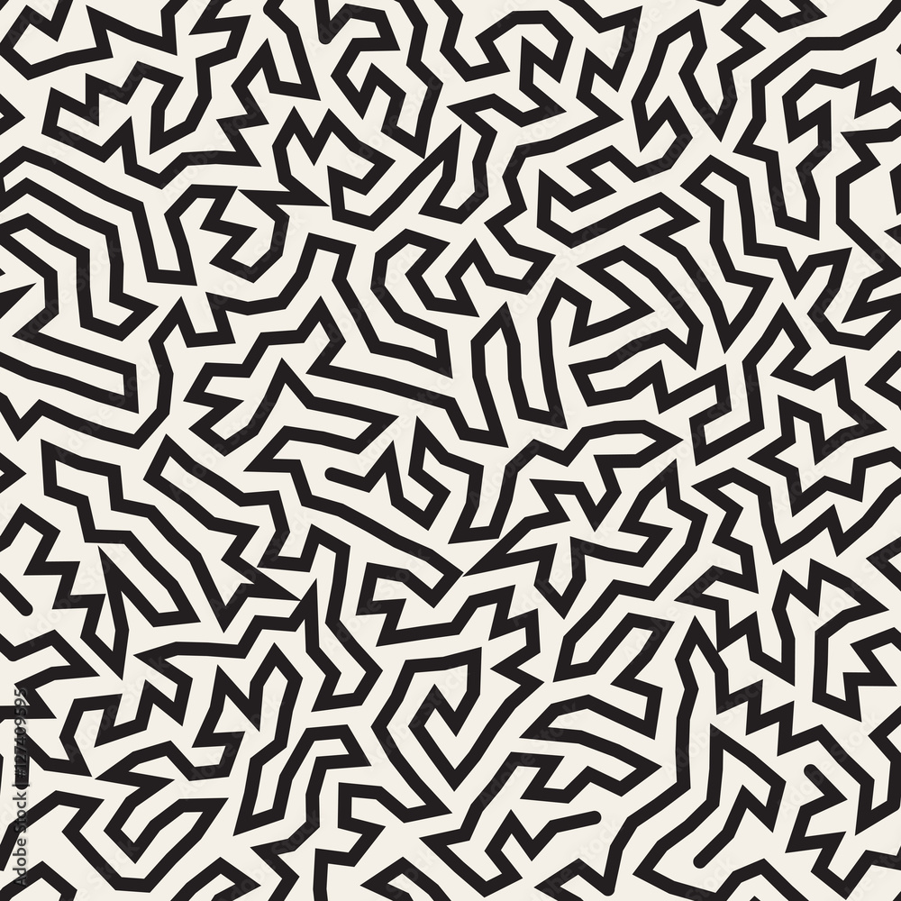 Irregular Maze Lines. Vector Seamless Black and White Pattern.