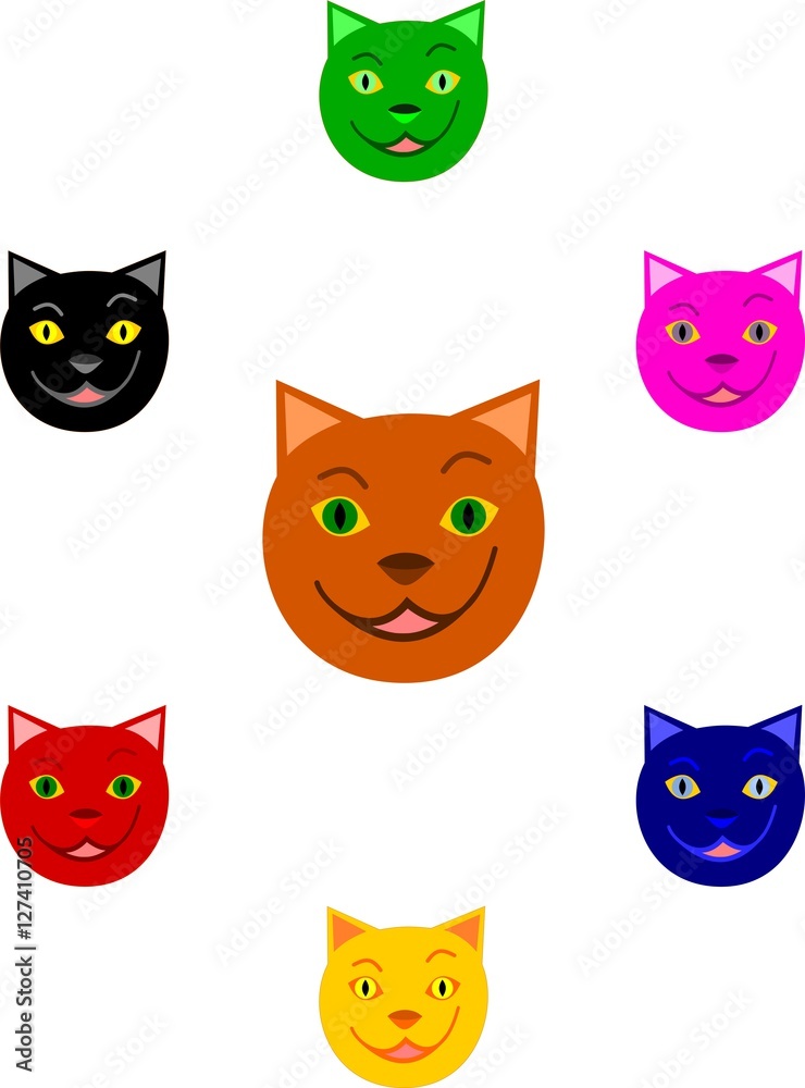 Cartoon cat faces brown, green, black, red, yellow, blue and pink