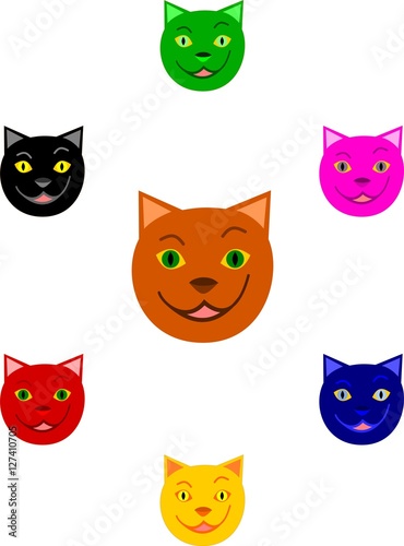 Cartoon cat faces brown, green, black, red, yellow, blue and pink